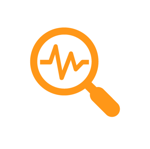 Orange magnifying glass icon with a orange graph inside